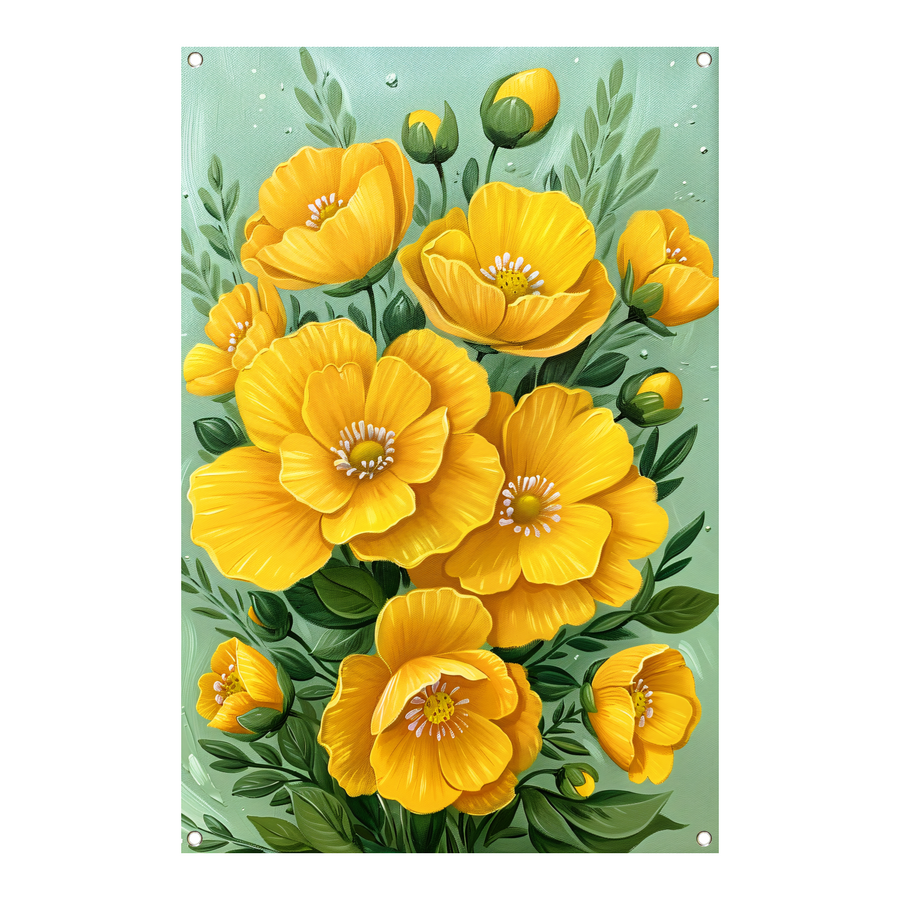 Levendige gele bloemen tegen groene achtergrond tuinposter