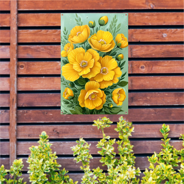 Levendige gele bloemen tegen groene achtergrond tuinposter