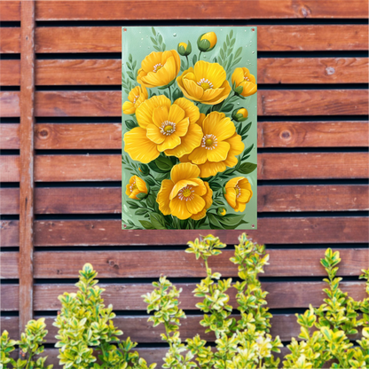 Levendige gele bloemen tegen groene achtergrond tuinposter