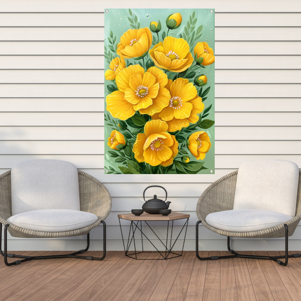 Levendige gele bloemen tegen groene achtergrond tuinposter