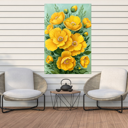 Levendige gele bloemen tegen groene achtergrond tuinposter