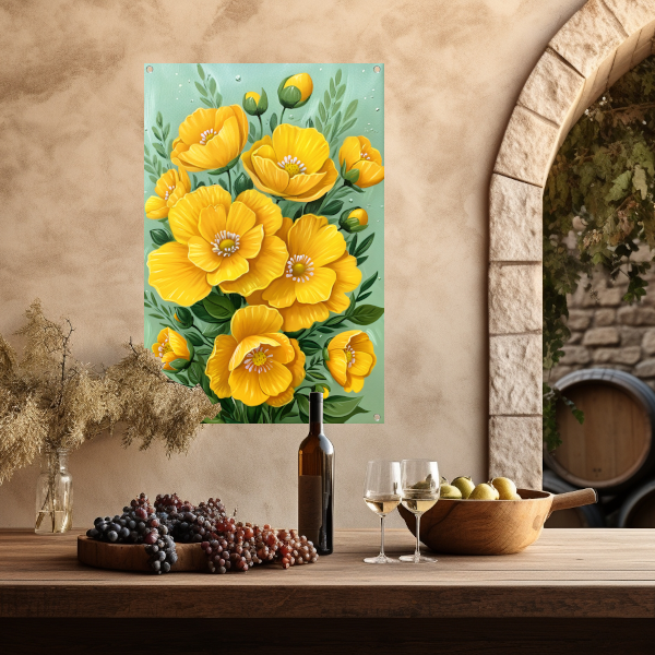 Levendige gele bloemen tegen groene achtergrond tuinposter