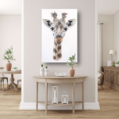 Gedetailleerd schilderij van een giraffe gezicht canvas met baklijst