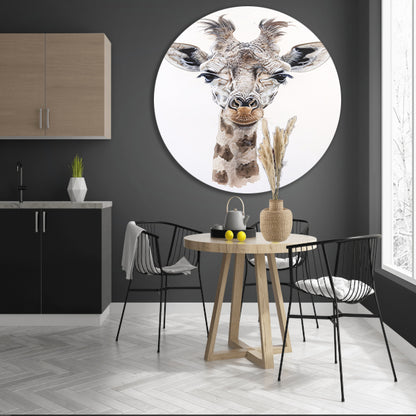 Gedetailleerd schilderij van een giraffe gezicht aluminium muurcirkel