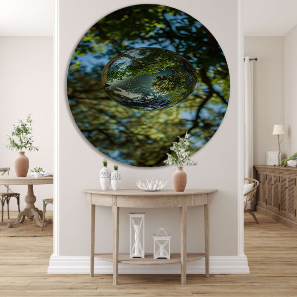 Glazen bol met bomen reflectie aluminium muurcirkel