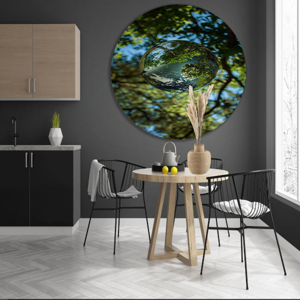 Glazen bol met bomen reflectie aluminium muurcirkel