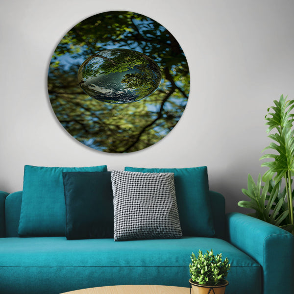 Glazen bol met bomen reflectie aluminium muurcirkel