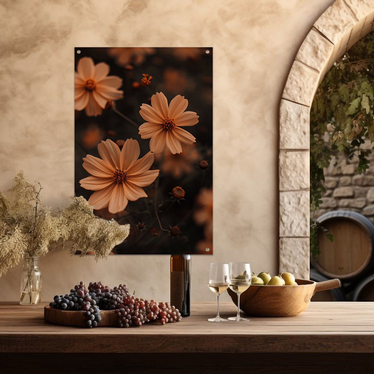 Close-up van bruine bloemen in de schemering tuinposter