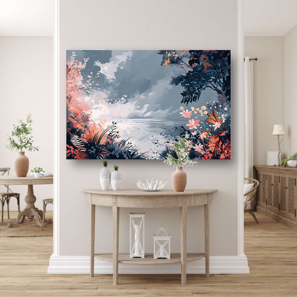 Surrealistisch Bloemen en Strand Landschap Schilderij poster