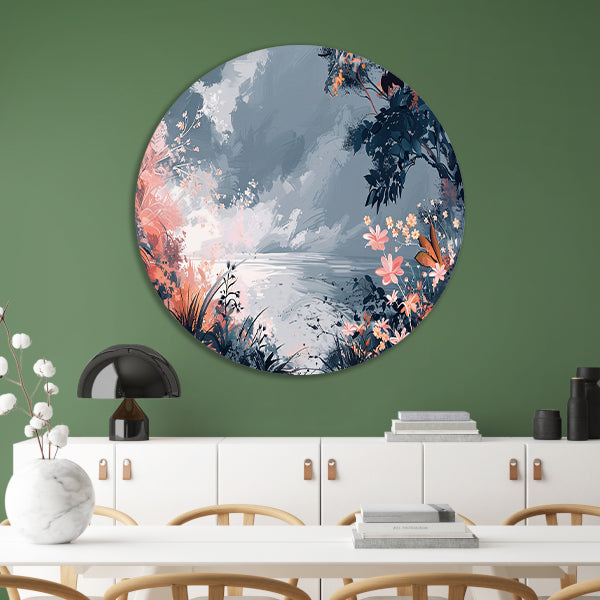 Surrealistisch Bloemen en Strand Landschap Schilderij aluminium muurcirkel