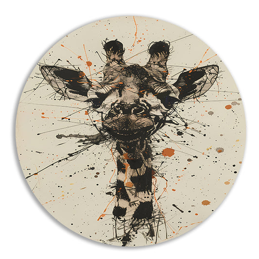 Dynamisch abstracte giraffe kunstwerk met spatten aluminium muurcirkel