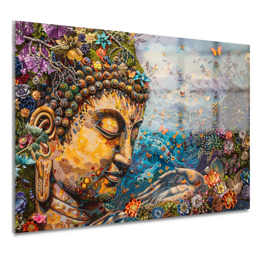 Boeddha in bloei met vlinders en natuur acrylglas