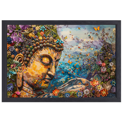 Boeddha in bloei met vlinders en natuur canvas met baklijst