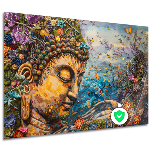 Boeddha in bloei met vlinders en natuur poster