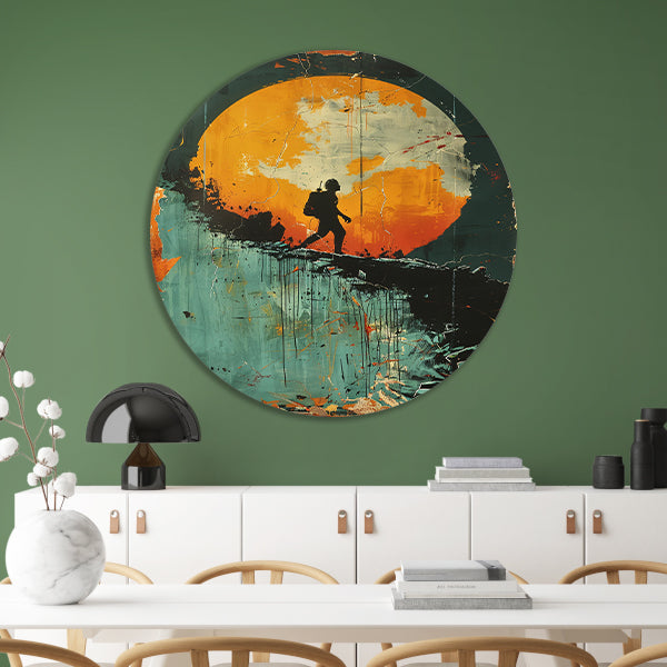 Silhouet van een figuur tegen een Kleurrijk maan aluminium muurcirkel