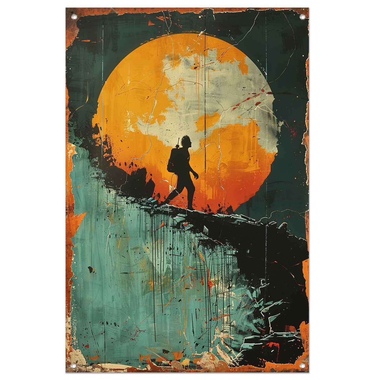 Silhouet van een figuur tegen een Kleurrijk maan tuinposter