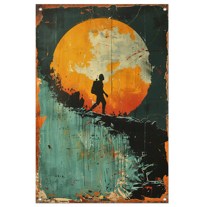 Silhouet van een figuur tegen een Kleurrijk maan tuinposter