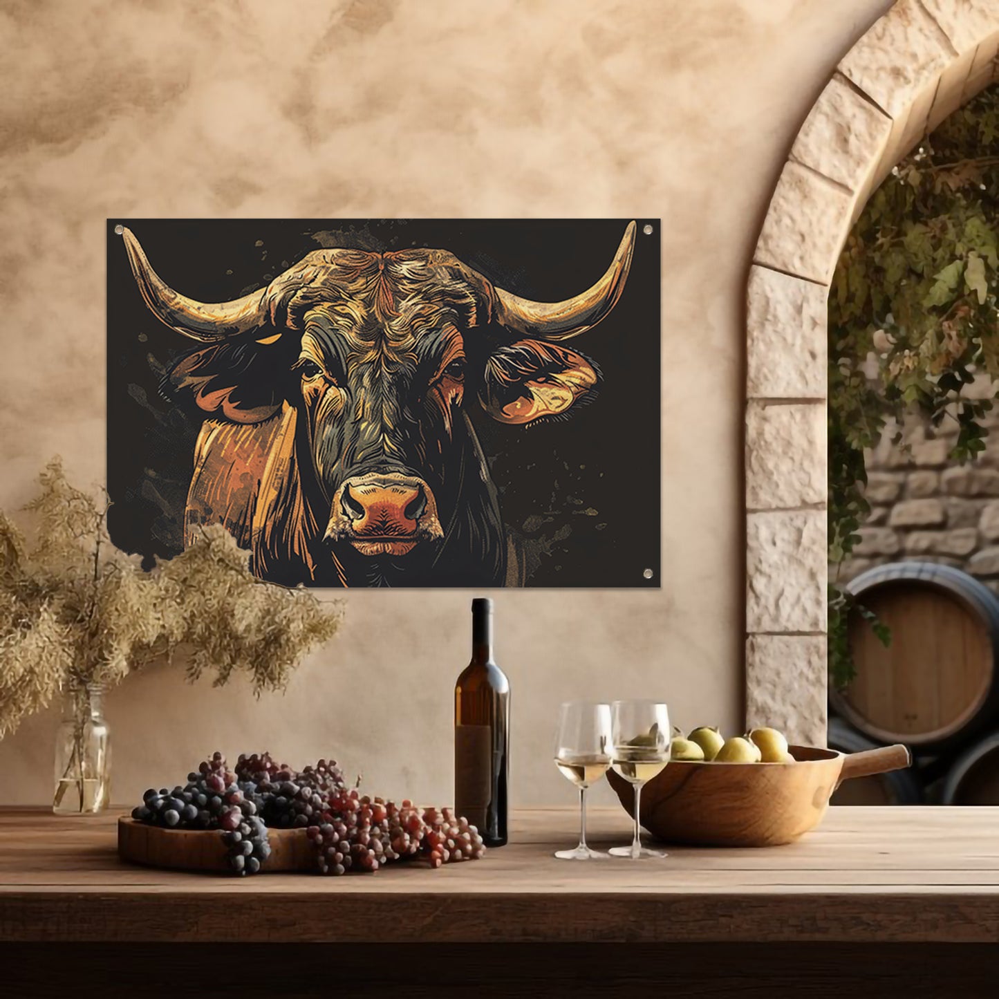 Majestueuze stier in klassieke kunststijlen tuinposter