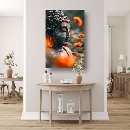 Boeddha in serene contemplatie met bloemen acrylglas