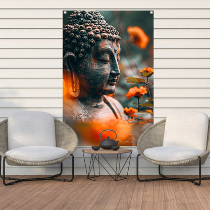 Boeddha in serene contemplatie met bloemen tuinposter