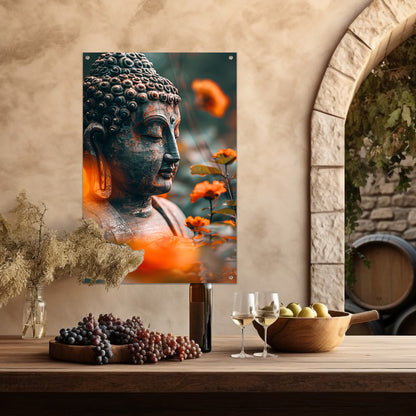 Boeddha in serene contemplatie met bloemen tuinposter