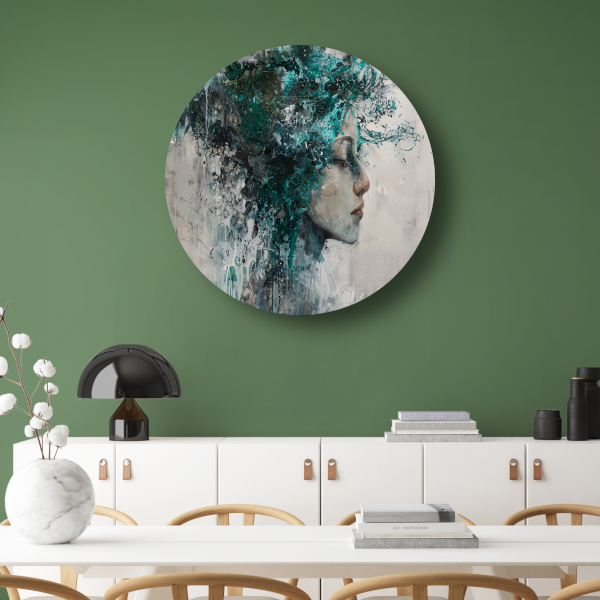 Abstract Profiel van een Vrouw in Turquoise aluminium muurcirkel