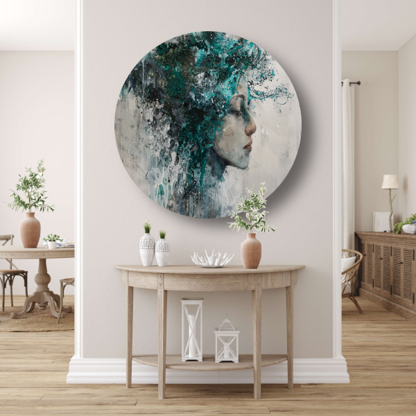 Abstract Profiel van een Vrouw in Turquoise aluminium muurcirkel