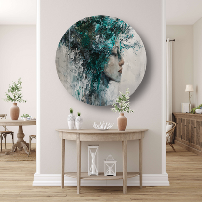 Abstract Profiel van een Vrouw in Turquoise aluminium muurcirkel