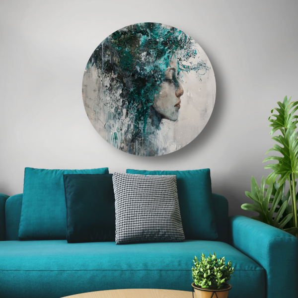 Abstract Profiel van een Vrouw in Turquoise aluminium muurcirkel