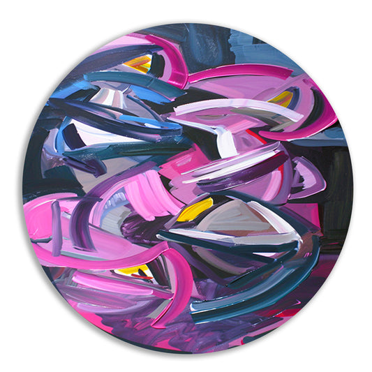 Dynamisch abstract schilderij met levendige kleuren aluminium muurcirkel