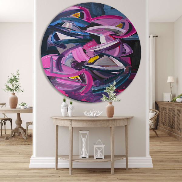 Dynamisch abstract schilderij met levendige kleuren forex muurcirkel