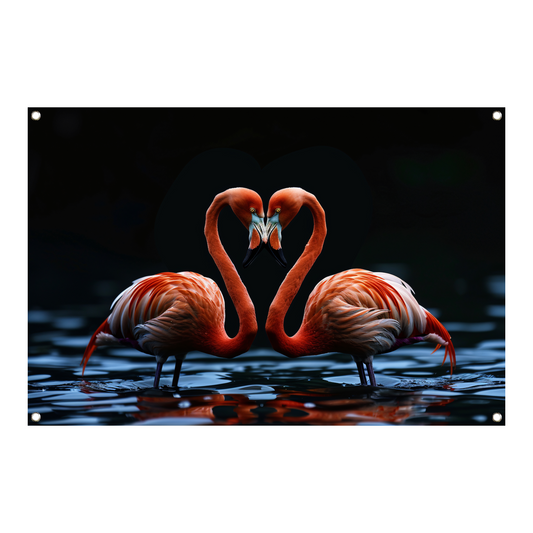 Twee flamingos vormen hart op water tuinposter