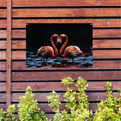 Twee flamingos vormen hart op water tuinposter