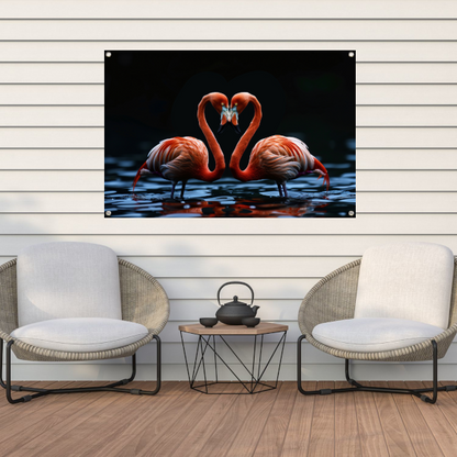 Twee flamingos vormen hart op water tuinposter