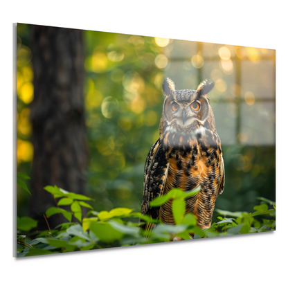 Wijze uil in het groene bos bij zonsondergang acrylglas