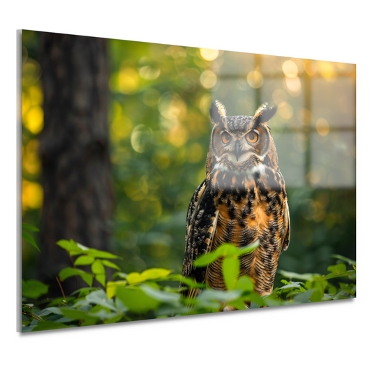 Wijze uil in het groene bos bij zonsondergang acrylglas