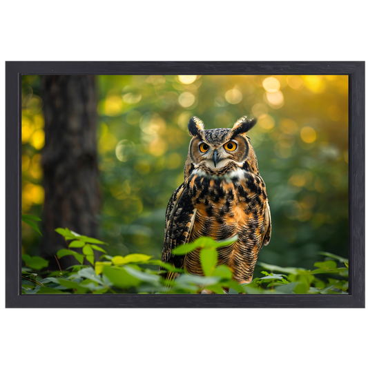 Wijze uil in het groene bos bij zonsondergang canvas met baklijst