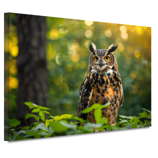 Wijze uil in het groene bos bij zonsondergang canvas