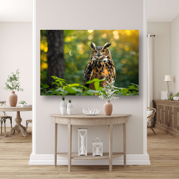 Wijze uil in het groene bos bij zonsondergang poster