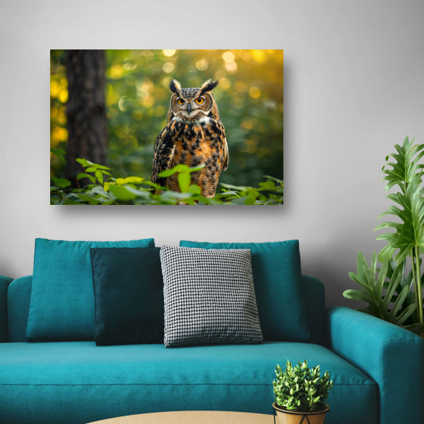 Wijze uil in het groene bos bij zonsondergang poster