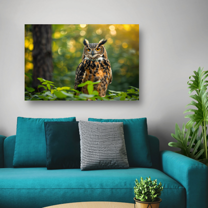 Wijze uil in het groene bos bij zonsondergang poster