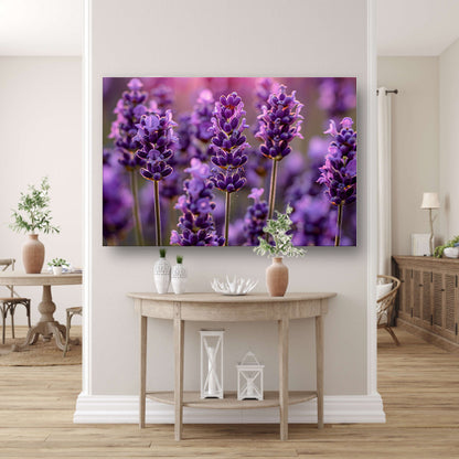 Close-up van lavendelbloemen in zachte zonneschijn canvas met baklijst