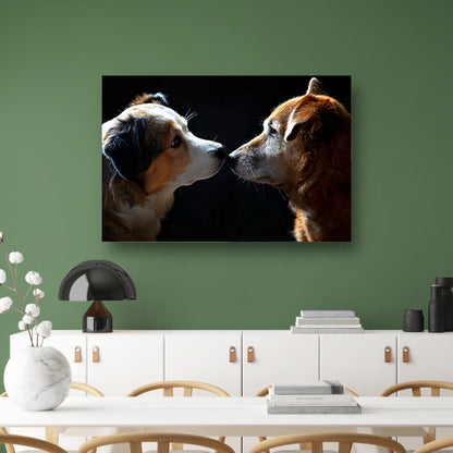 Twee honden in donkere omgeving kijken elkaar aan poster