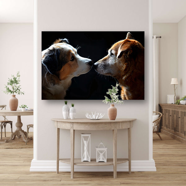 Twee honden in donkere omgeving kijken elkaar aan poster