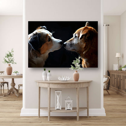 Twee honden in donkere omgeving kijken elkaar aan poster