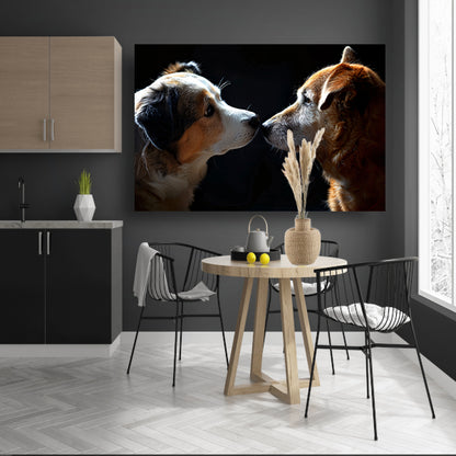 Twee honden in donkere omgeving kijken elkaar aan poster