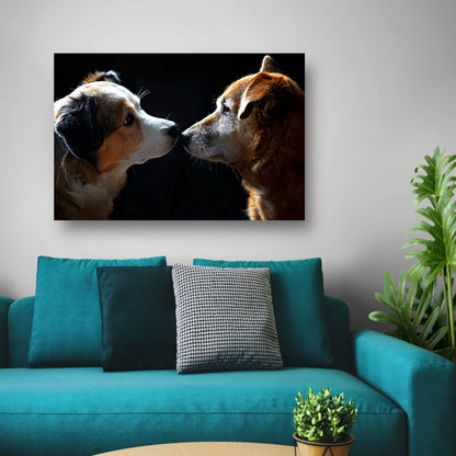Twee honden in donkere omgeving kijken elkaar aan poster