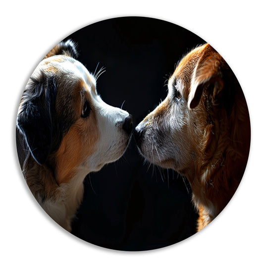Twee honden in donkere omgeving kijken elkaar aan forex muurcirkel
