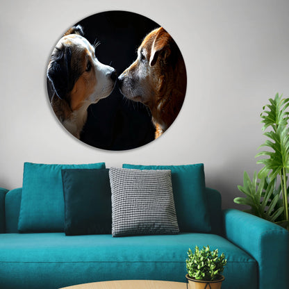 Twee honden in donkere omgeving kijken elkaar aan aluminium muurcirkel