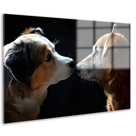 Twee honden in donkere omgeving kijken elkaar aan acrylglas